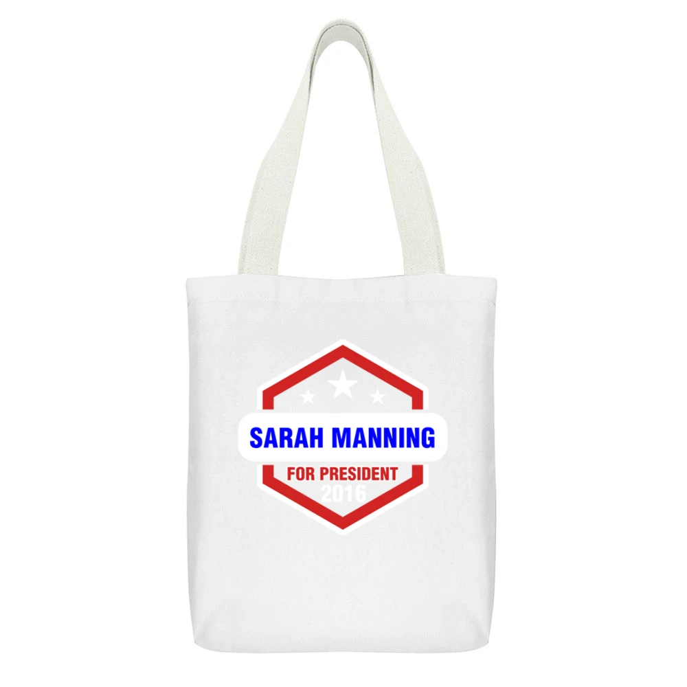 Sarah Manning For President 2016 Orphan Black TV Show White Canvas Tote Shopping Bag With Interior Pocket
