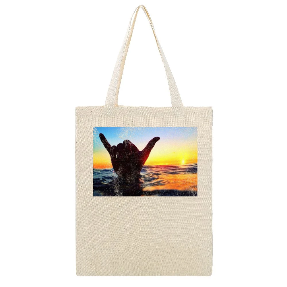 Shaka Brah Hang Loose Hand Ocean Surfer Sunset Graphic Vintage Style D Beige Canvas Tote Shopping Bag