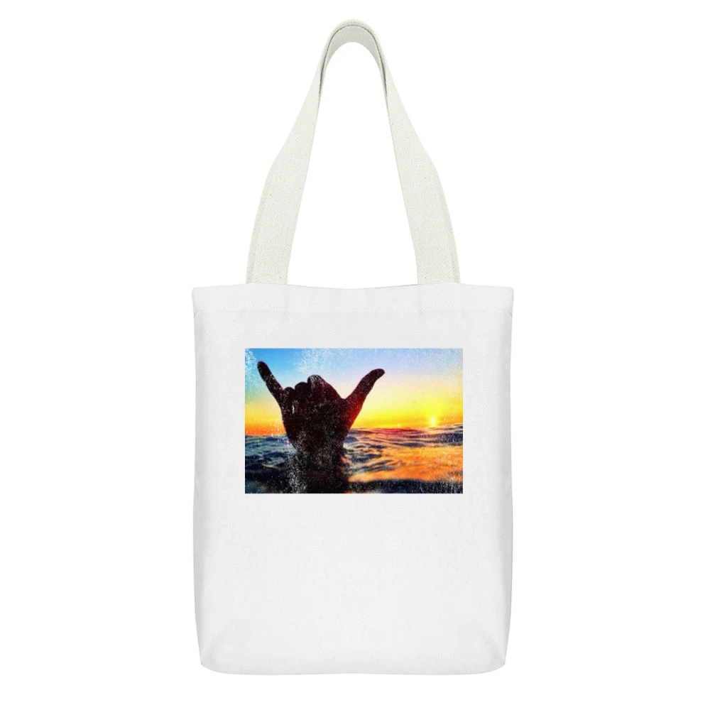 Shaka Brah Hang Loose Hand Ocean Surfer Sunset Graphic Vintage Style D White Canvas Tote Shopping Bag With Interior Pocket