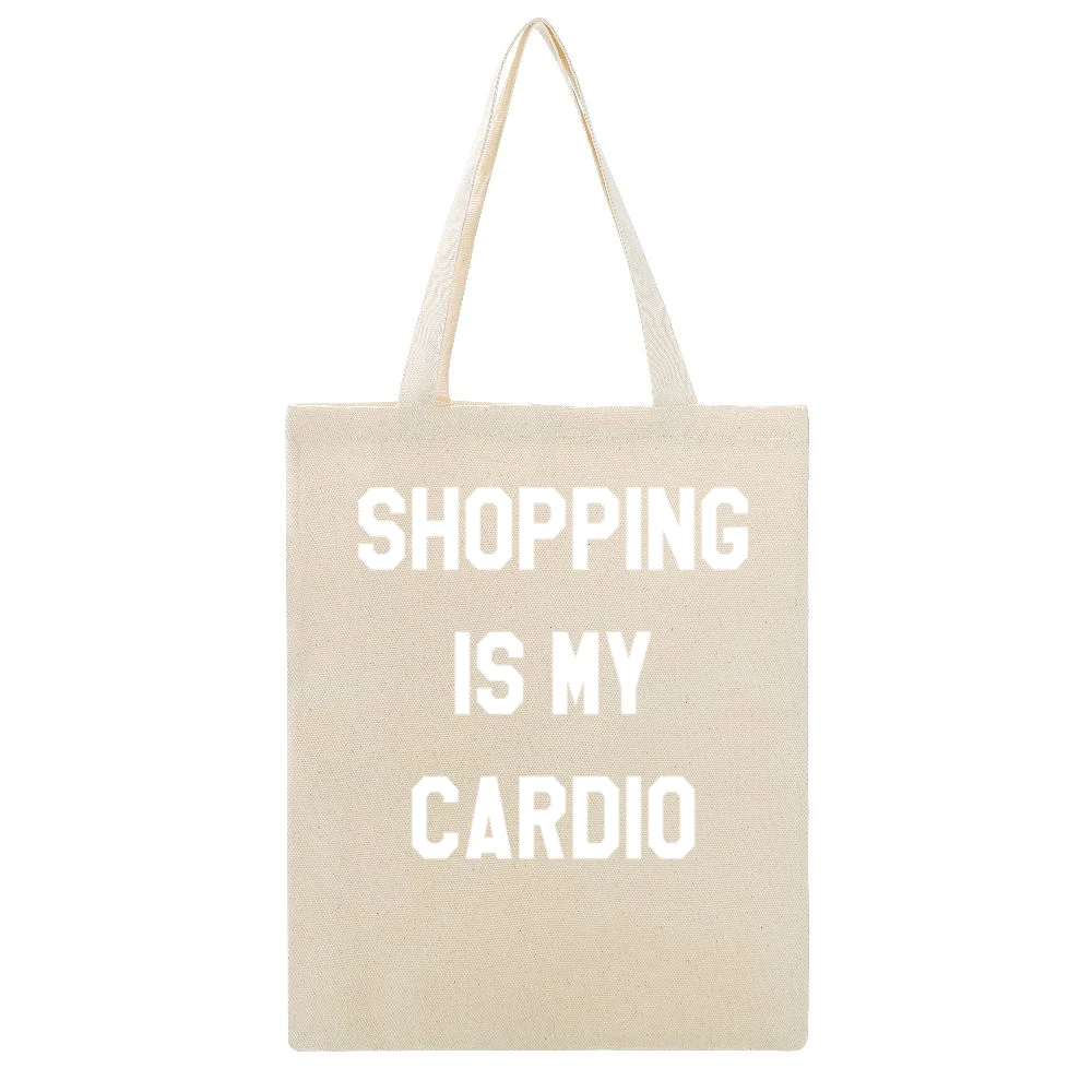 Shopping Is My Cardio Fun Fitness Workout Graphic Tee Shirt Beige Canvas Tote Shopping Bag