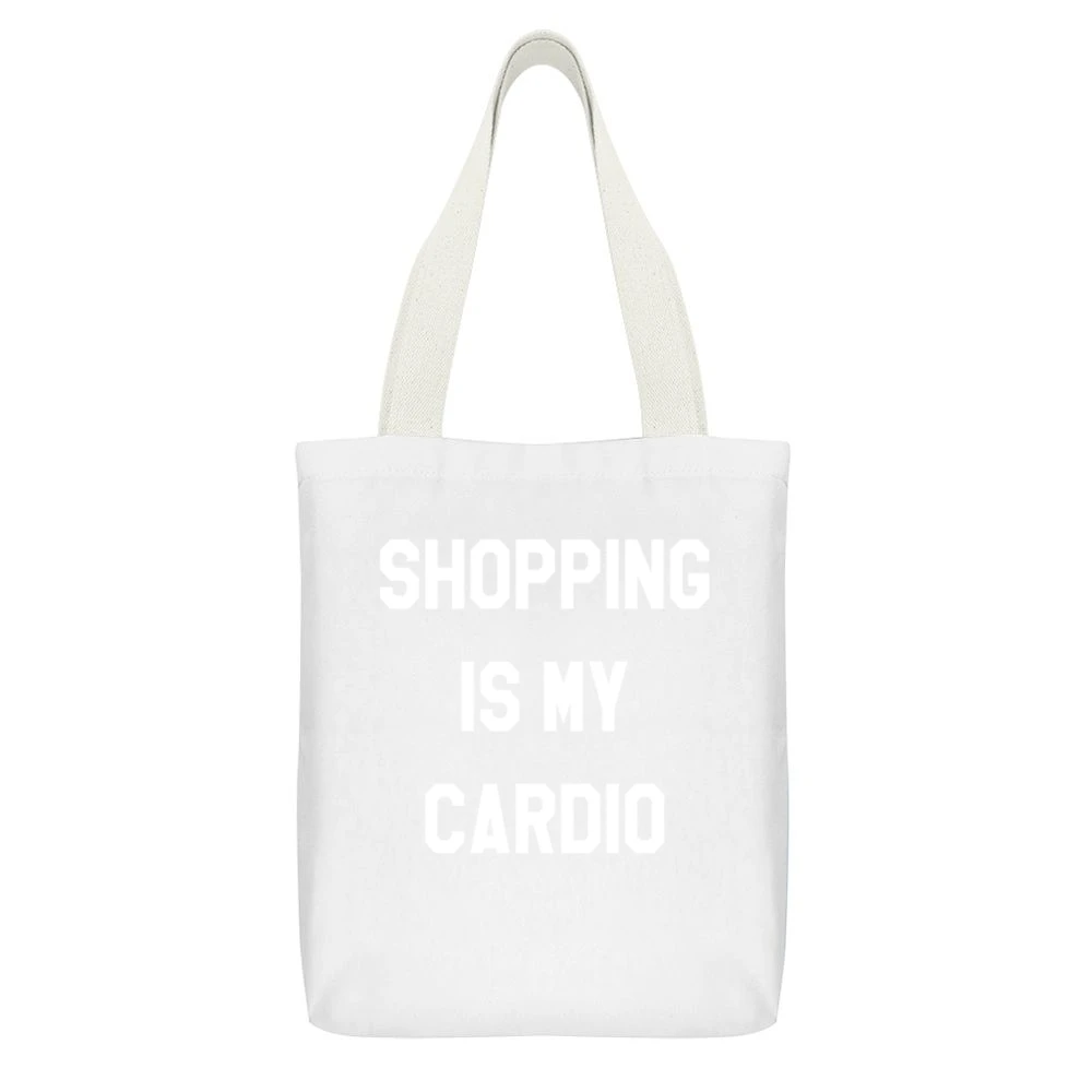 Shopping Is My Cardio Fun Fitness Workout Graphic Tee Shirt White Canvas Tote Shopping Bag With Interior Pocket