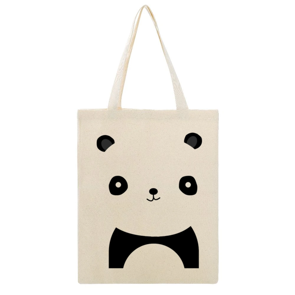 Simple Cute Panda Graphic Popular Animal Tee Shirt Beige Canvas Tote Shopping Bag