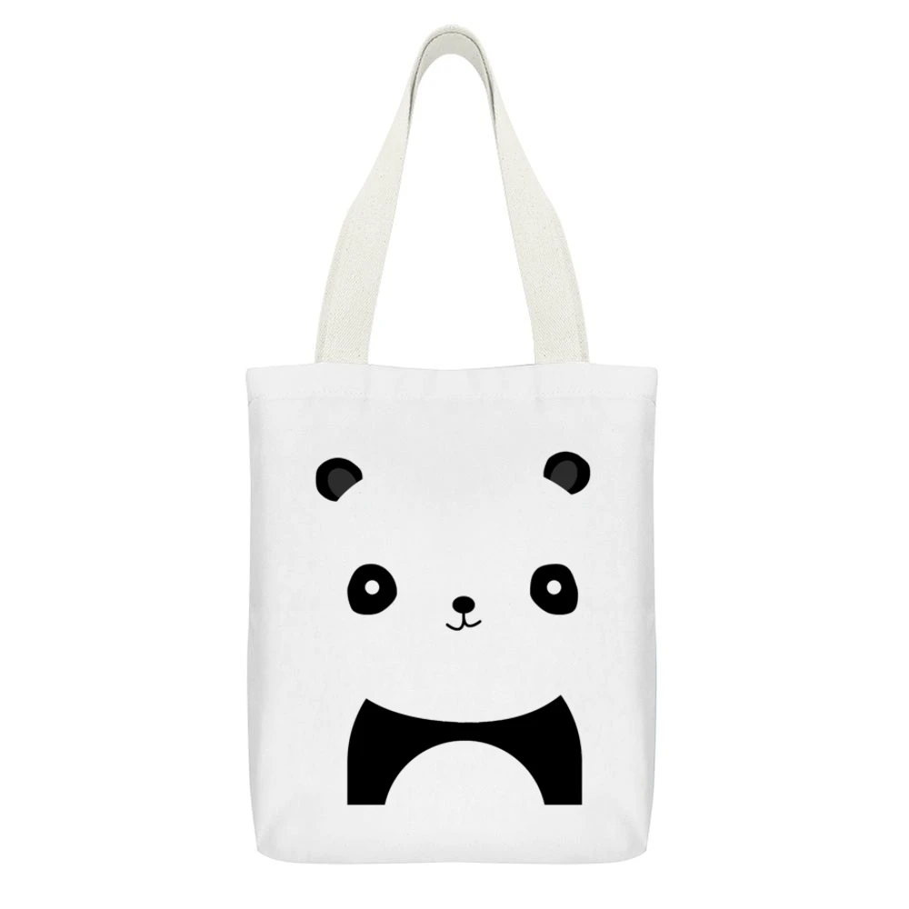 Simple Cute Panda Graphic Popular Animal Tee Shirt White Canvas Tote Shopping Bag With Interior Pocket