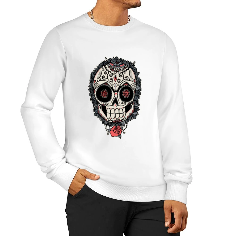 Skeleton Dia De Los Muertos Hearts Roses Design Graphic Tee Shirt Men Pullover Sweatshirt