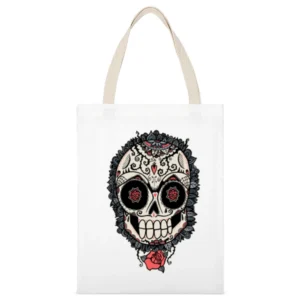 Skeleton Dia De Los Muertos Hearts Roses Design Graphic Tee Shirt White Canvas Tote Shopping Bag