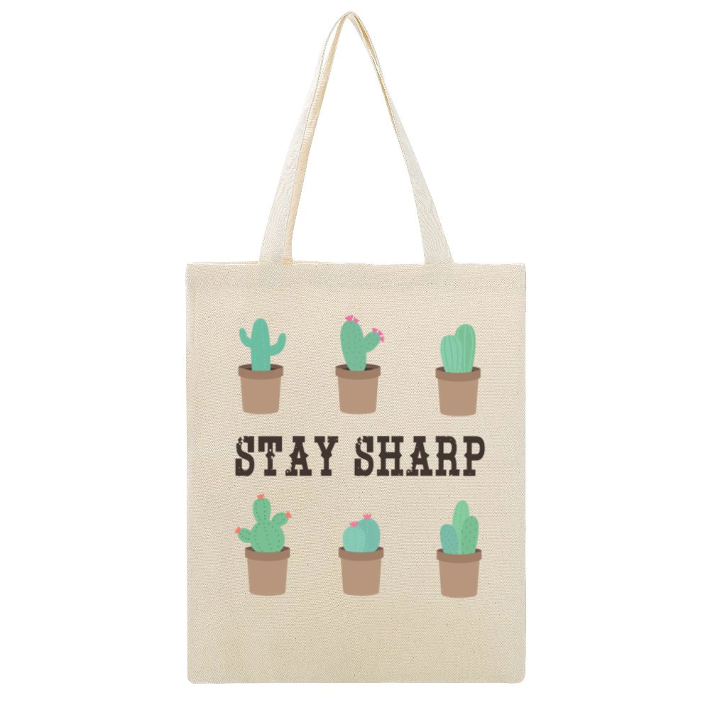 Stay Sharp Fun Cute Cactus Graphic TShirt Beige Canvas Tote Shopping Bag