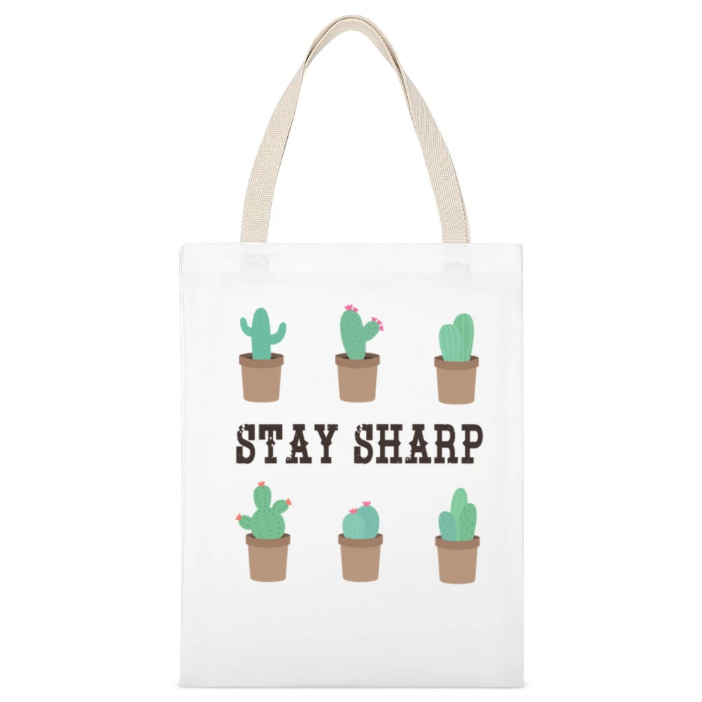 Stay Sharp Fun Cute Cactus Graphic TShirt White Canvas Tote Shopping Bag