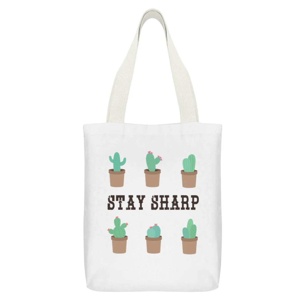 Stay Sharp Fun Cute Cactus Graphic TShirt White Canvas Tote Shopping Bag With Interior Pocket
