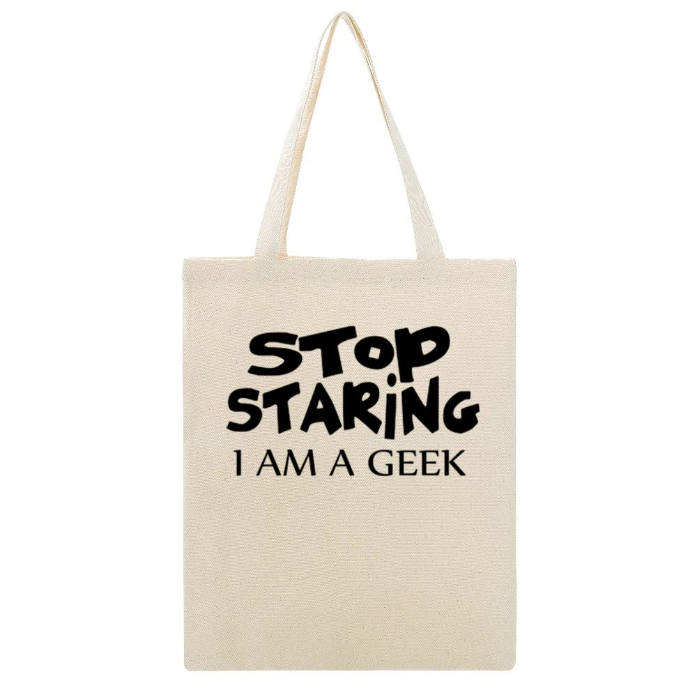 Stop Staring I am Geek black text design Beige Canvas Tote Shopping Bag