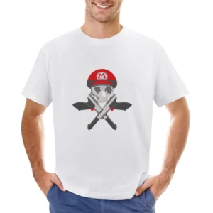 Super skull mario bros hat gun cross army parody Asian Size Men T-Shirt