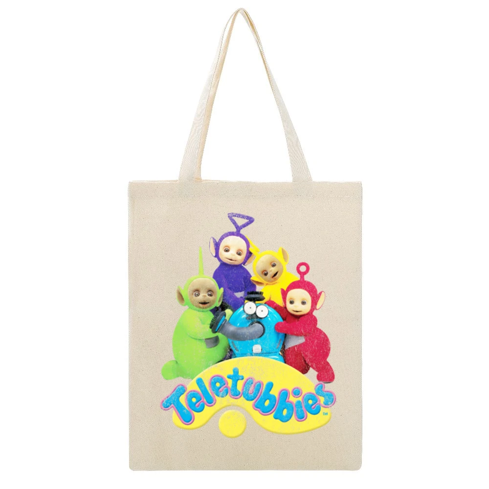 Teletubbies Fun Distressed Vintage Style Popular TV Show Tee Shirt Beige Canvas Tote Shopping Bag