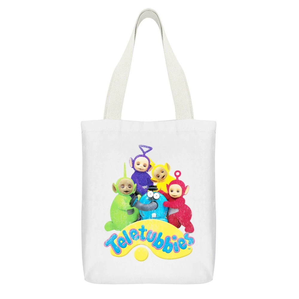 Teletubbies Fun Distressed Vintage Style Popular TV Show Tee Shirt White Canvas Tote Shopping Bag With Interior Pocket