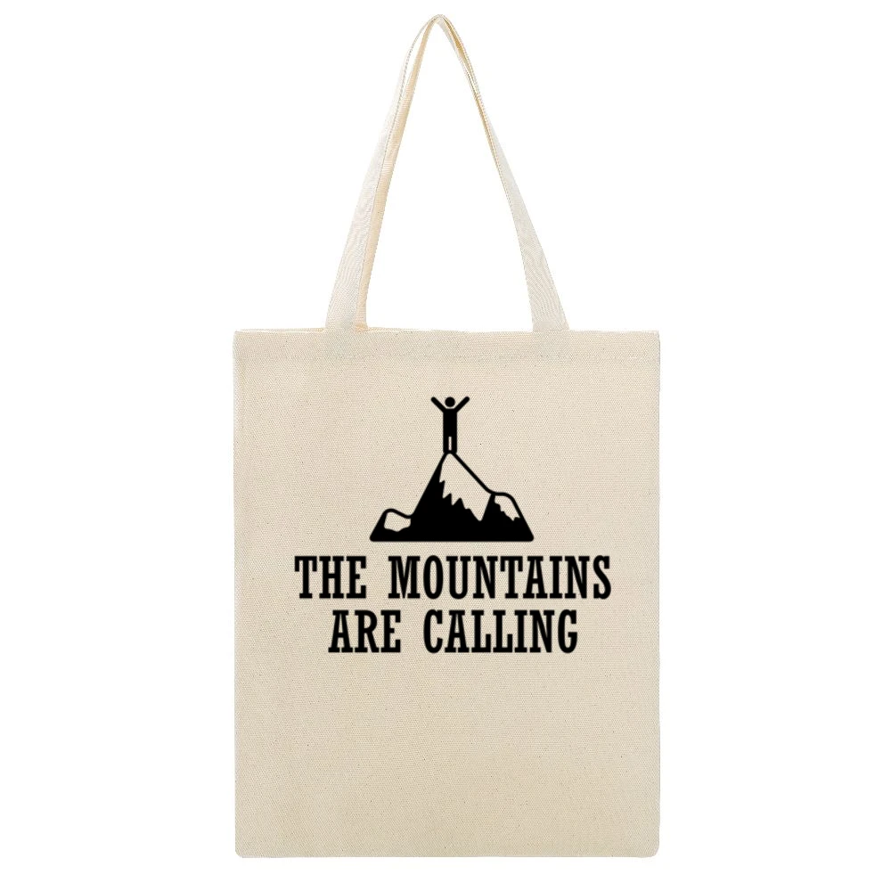 The Mountains Are Calling Fun Adventure Wanderlust Graphic Beige Canvas Tote Shopping Bag