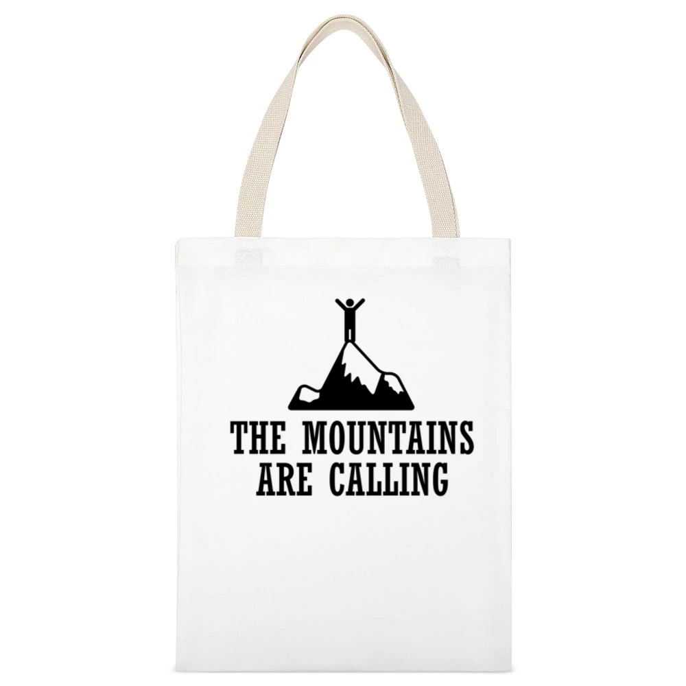 The Mountains Are Calling Fun Adventure Wanderlust Graphic White Canvas Tote Shopping Bag