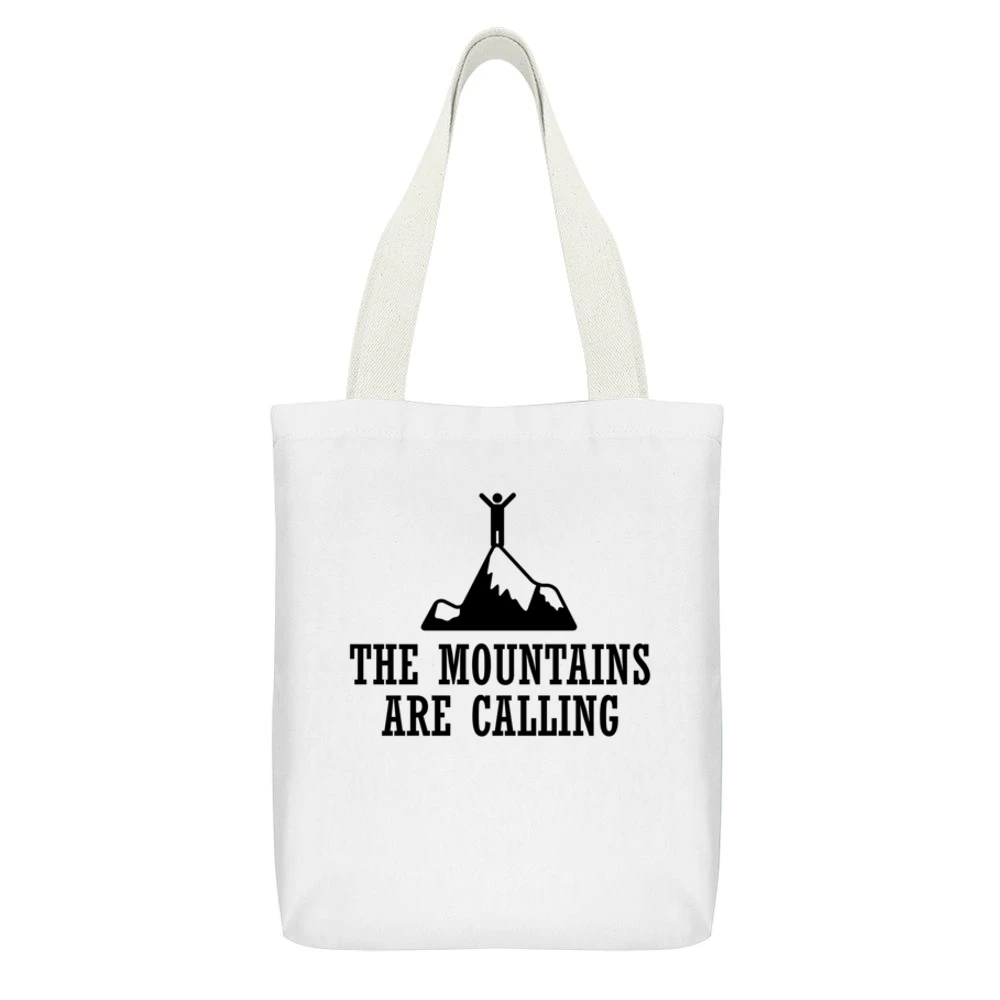 The Mountains Are Calling Fun Adventure Wanderlust Graphic White Canvas Tote Shopping Bag With Interior Pocket