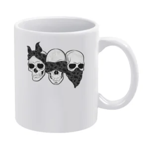 Three Skulls Hear No Evil Fun Graphic Tee Shirt White Mug