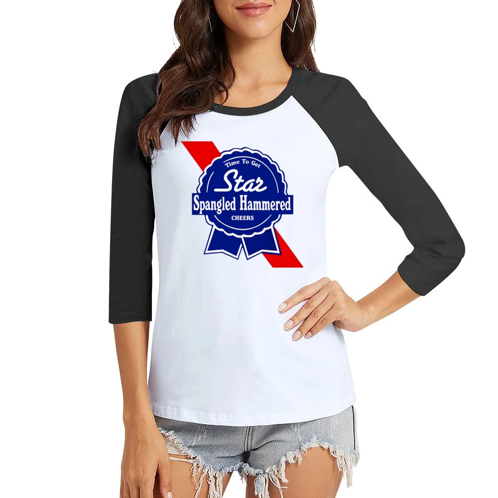 Time To Get Star Spangled Hammered Cheers July 4th PBR Party Parody Gr Women Ladies 3-4 Sleeve T-Shirt