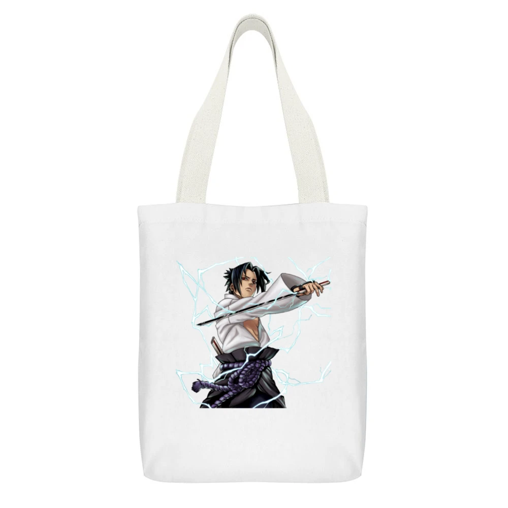 Uchiha Sasuke sharingan with hatake kakashi jutsu Chidori naruto shipp White Canvas Tote Shopping Bag With Interior Pocket