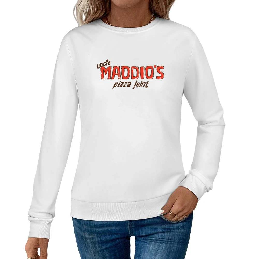 Uncle Maddios Pizza Joint Fast Food Restaurant Distressed Look Women Pullover Sweatshirt