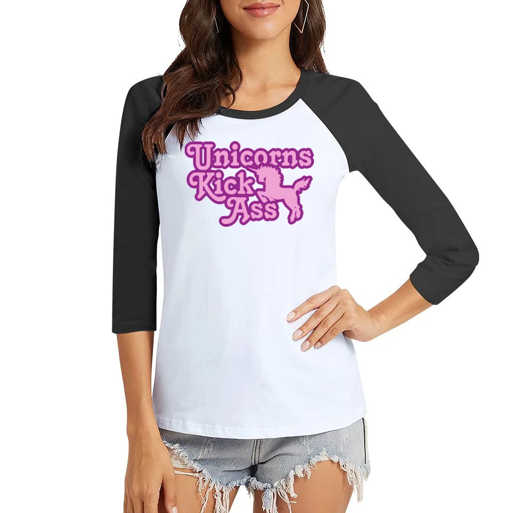 Unicorns Kick Ass Funny Cool Retro Women Ladies 3-4 Sleeve T-Shirt