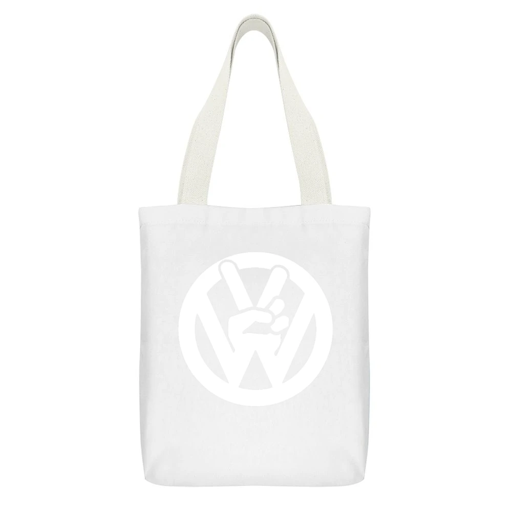 VW Peace Sign Fun Volkswagen Car White Canvas Tote Shopping Bag With Interior Pocket