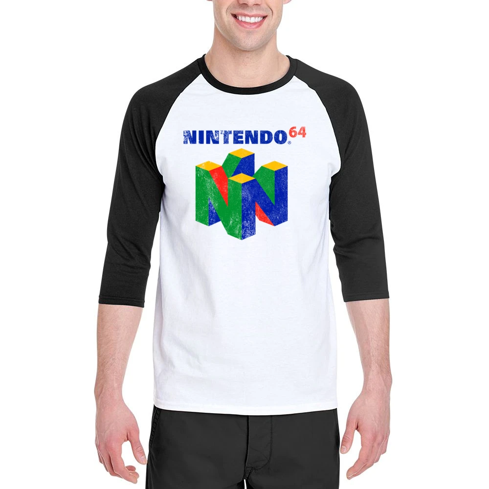 Vintage Style Nintendo 64 Distressed Logo Fun Video Game Graphic T Shi Men 3/4 Sleeve T-Shirt
