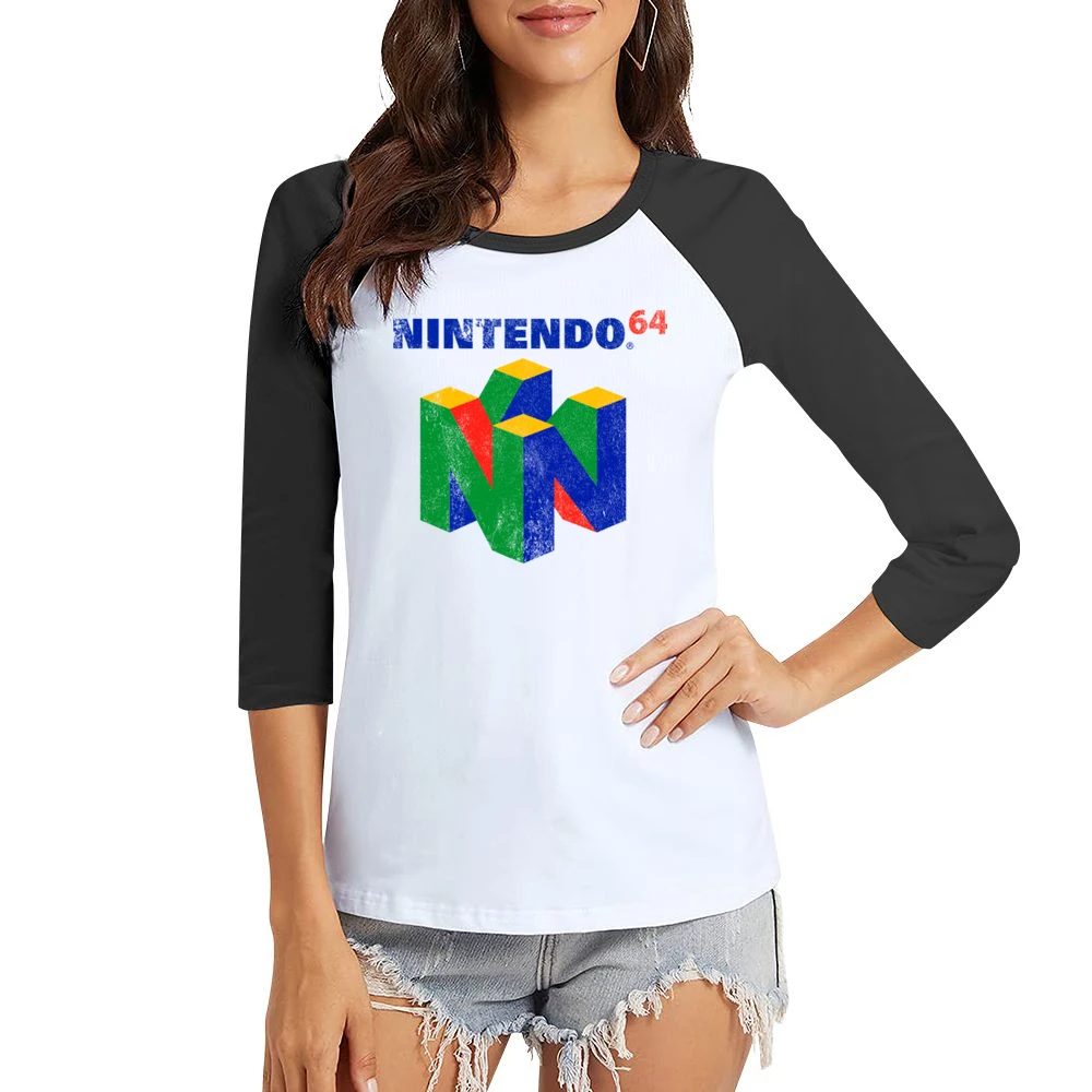 Vintage Style Nintendo 64 Distressed Logo Fun Video Game Graphic T Shi Women Ladies 3-4 Sleeve T-Shirt