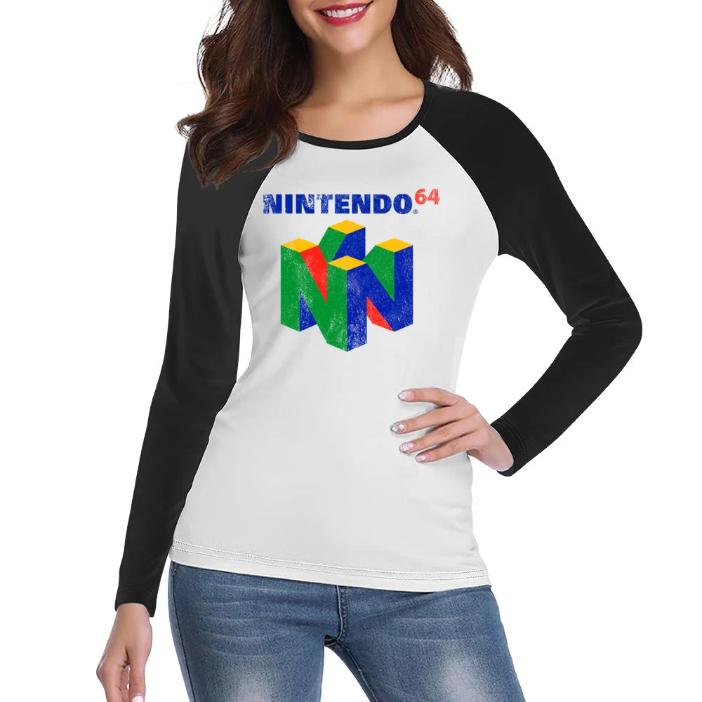Vintage Style Nintendo 64 Distressed Logo Fun Video Game Graphic T Shi Women Ladies Long Sleeve T-Shirt