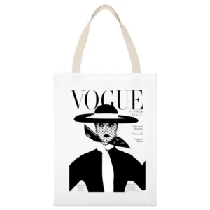 Vintage Vogue Cover Magazine Graphic Tee Shirt White Canvas Tote Shopping Bag