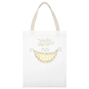 We Are All Mad Here Fun Alice In Wonderland Cheshire Cat Graphic T Shi White Canvas Tote Shopping Bag