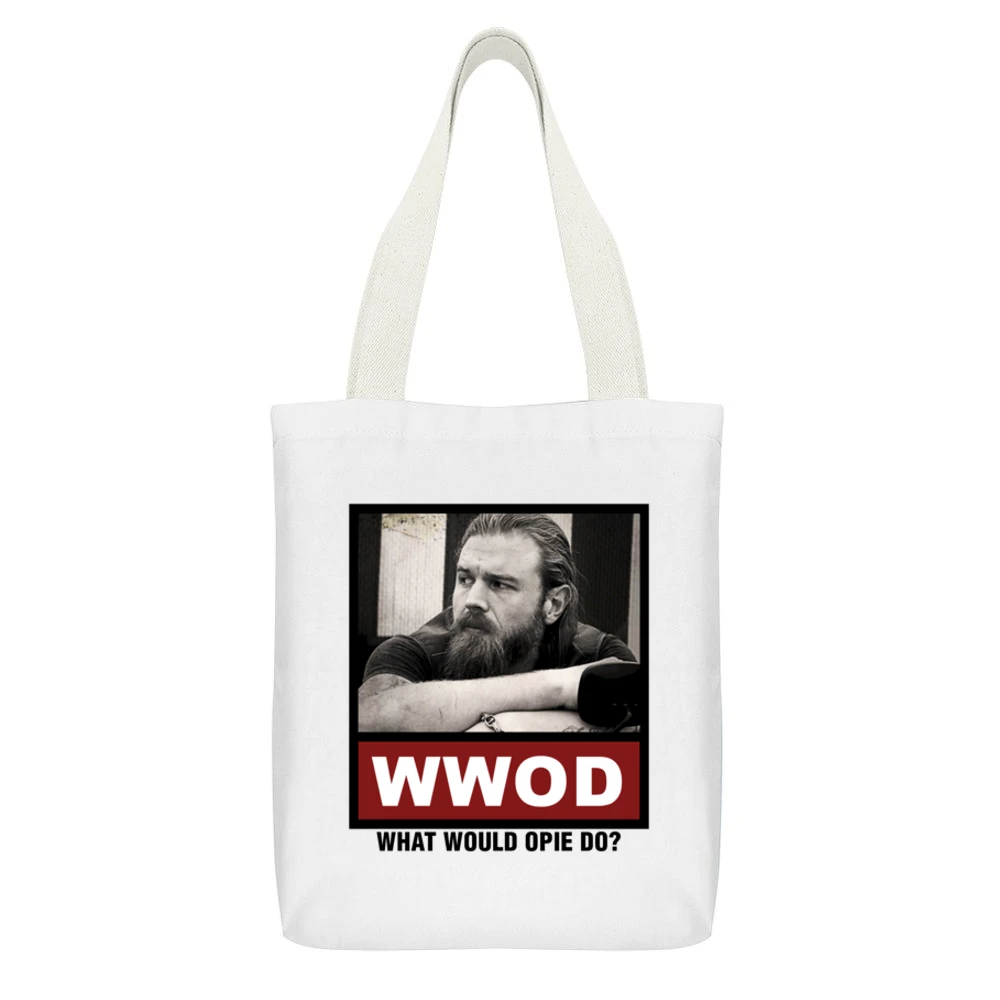 What Would Opie Do WWOD Sons of Anarchy White Canvas Tote Shopping Bag With Interior Pocket