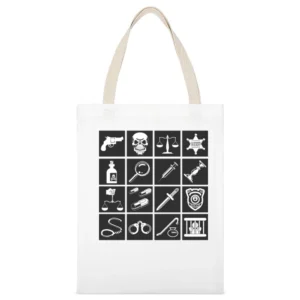 White Crime Icons Black Background Pistol-Skull-Scales-Sheriff-Badge-P White Canvas Tote Shopping Bag