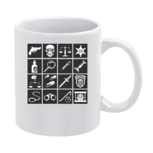 White Crime Icons Black Background Pistol-Skull-Scales-Sheriff-Badge-P White Mug