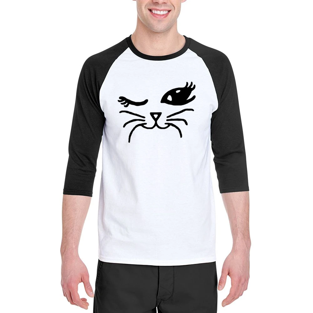 Winking Cat Fun Popular Cat Lover Graphic Feline Tee Shirt Men 3/4 Sleeve T-Shirt