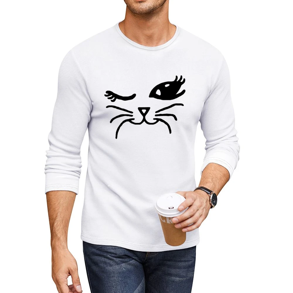 Winking Cat Fun Popular Cat Lover Graphic Feline Tee Shirt Men CrewNeck Long Sleeve T-Shirt