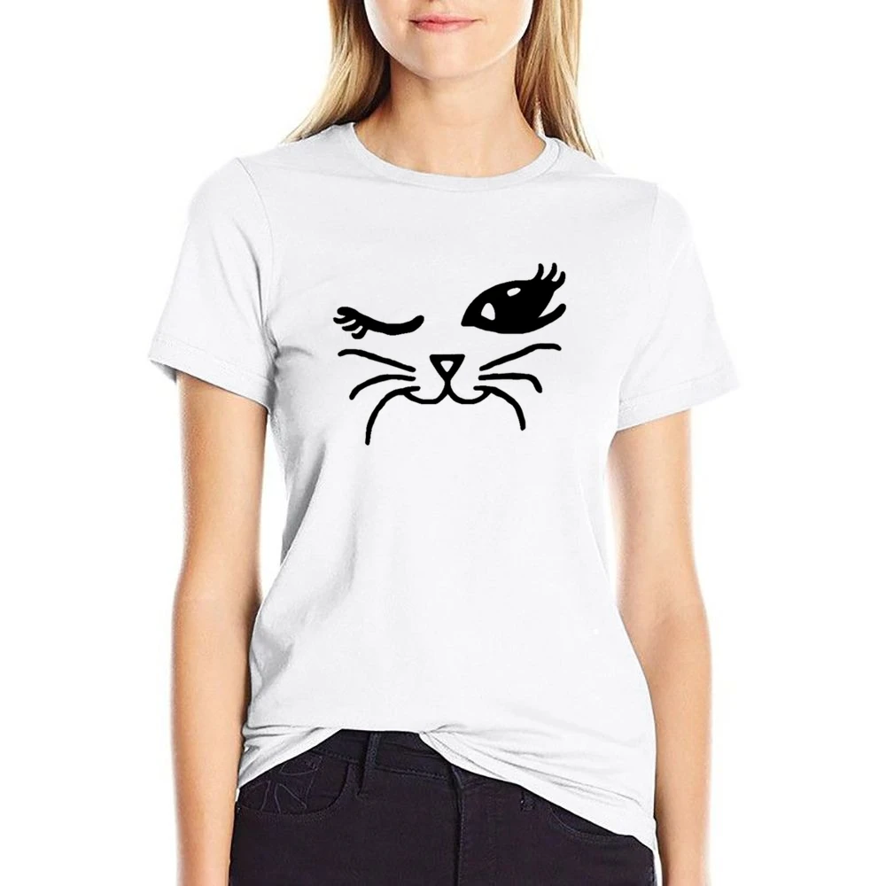 Winking Cat Fun Popular Cat Lover Graphic Feline Tee Shirt US Size Women Ladies T-shirt