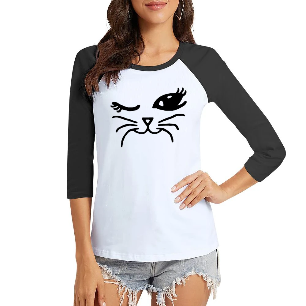 Winking Cat Fun Popular Cat Lover Graphic Feline Tee Shirt Women Ladies 3-4 Sleeve T-Shirt