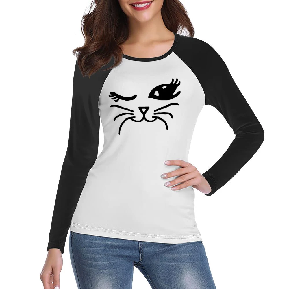 Winking Cat Fun Popular Cat Lover Graphic Feline Tee Shirt Women Ladies Long Sleeve T-Shirt
