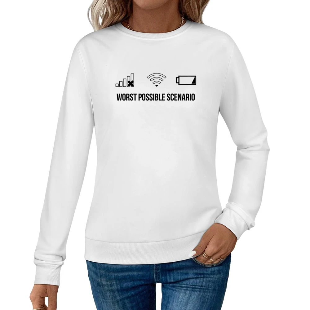 Worst Possible Scenario Funny Cellphone Service WiFi Connection Low Ba Women Pullover Sweatshirt