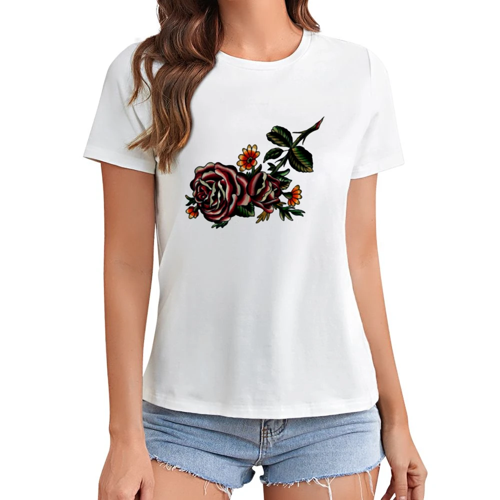 flower red rose blooming Asian Size Women Ladies T-shirt