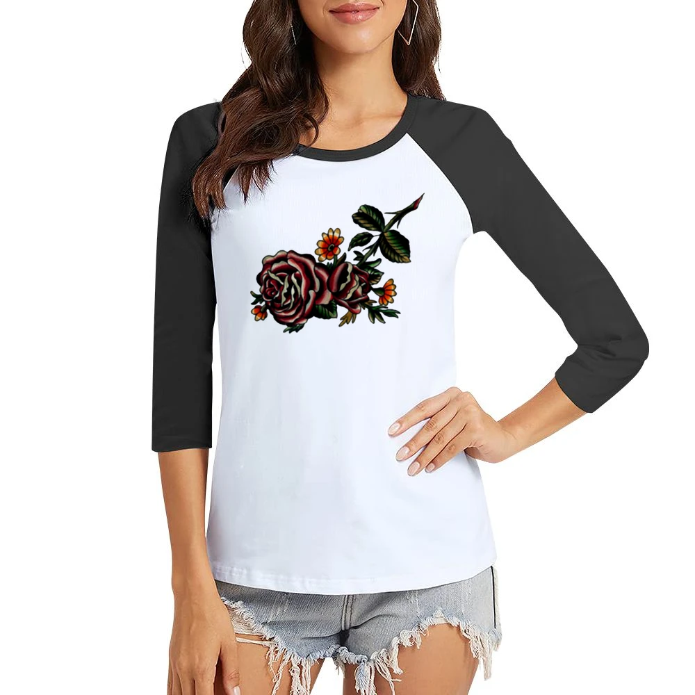 flower red rose blooming Women Ladies 3-4 Sleeve T-Shirt