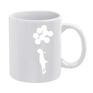 sad girl with flying baloons White Mug