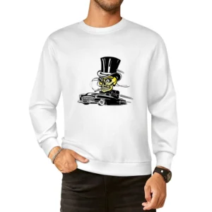 skull driving with suit and hat and mustache black car European Size Pullover Sweater