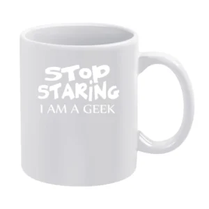 stop straing i am geek white text design White Mug