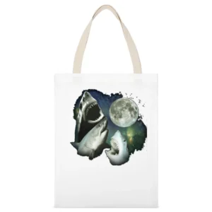 the moon and 3 sharks White Canvas Tote Shopping Bag